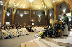 Archbishop Joseph W. Tobin delivers a homily during a Jan. 16 Mass at St. Jude Church in the Indianapolis South Deanery. The liturgy was the first in a series of Masses that Archbishop Tobin will celebrate in each of the archdiocese’s 11 deaneries to worship with and get to know Catholics across central and southern Indiana. (Photo by Sean Gallagher)