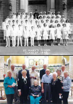 Top photo: photo captures boys and girls from the Class of 1942 at St. Mary’s Catholic Academy in New Albany. Surviving members of that class still get together for monthly luncheons 71 years after they graduated from grade school. Bottom photo: 11 members of the Class of 1942 of St. Mary’s Catholic Academy in New Albany pose with Dominican Father Emmanuel Bertrand, a member of the class, after a Mass at St. Mary Church during the summer of 2012 as the class celebrated its 70-year reunion. (Submitted photos)