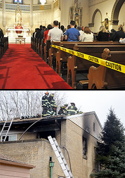 Top photo: Worshipers kneel in front of cordoned off pews during a Feb. 28 Mass at St. John the Evangelist Church in Indianapolis celebrated by Father Rick Nagel, pastor of the parish. In the early morning hours of Feb. 27, a fire believed to be arson was set at the historic church. The cordoned off pews had not yet been cleaned of smoke damage that affected the entire structure. (Photo by Sean Gallagher); Bottom photo: The Indianapolis Fire Department responded to a fire at the convent of St. Bernadette Church in Indianapolis on Feb. 28. The fire is believed to have been accidentally started from a burning candle. Firefighters had the fire under control within 30 minutes. (Submitted photo)