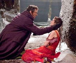 Hugh Jackman and Anne Hathaway star in a scene from Les Miserables, the big-screen adaptation of the long-running stage show. The Catholic News Service classification is A-III—adults. The Motion Picture Association of America rating is PG-13—parents strongly cautioned. Some material may be inappropriate for children under 13. (CNS photo/Universal Studios)