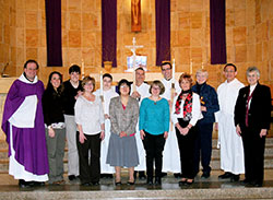 SPRED friends and their catechists pose in St. Meinrad Church in St. Meinrad on March 3. Shown, from left, front row, Lisa Schaefer, Teresa Ippoliti, Courtney Ruxer and Judy Seifrig. Second row, Benedictine Father Anthony Vinson, administrator of St. Meinrad Parish, Mary Grace Blowers, Liz Mohr, Sheila Fischer, Lee Niehaus, Aaron Fosche, Judy Colby, Joseph Chan and Marilyn Becker. (Submitted photo)