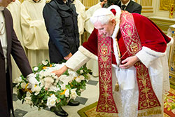 Then-Pope Benedict XVI blesses lambs to mark the feast of St. Agnes at the Vatican on Jan. 21. The wool from two lambs blessed by the pope will be used to make the pallia that Pope Francis will give on June 29 to new archbishops from around the world, including Archbishop Joseph W. Tobin. (CNS photo/L’Osservatore Romano via Reuters)