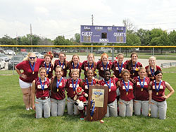 Members of the Scecina Lady Crusaders girls’ softball team are all smiles after winning the Class 2A state championship on June 8. (Submitted photo)