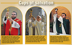 From left, Father Douglas Marcotte, Father John Hollowell and Father Jerry Byrd raise chalices that were given to them by the archdiocesan archives. Each chalice was previously used by a deceased priest of the archdiocese. Click on the image above to see a larger version of the photos with further explanation. (Photos by Sean Gallagher)