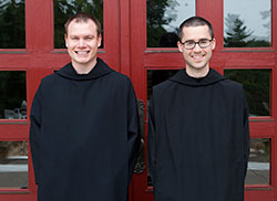 Benedictine Brothers James Jensen, left, and William Sprauer pose at Saint Meinrad after professing temporary vows on Aug. 6. (Submitted photo)