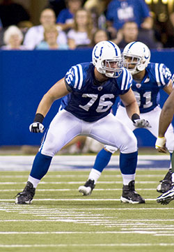 Offensive lineman Joe Reitz prepares to block a defender during an Indianapolis Colts football game. (Photo courtesy of the Indianapolis Colts)