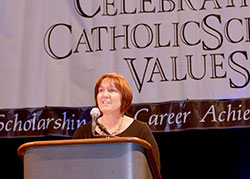 Mary McCoy, the archdiocese’s assistant superintendent for Catholic schools, shares the importance of a Catholic education for children on Oct. 8 at the 18th annual Celebrating Catholic School Values Awards event. (Photo by Rob Banayote)
