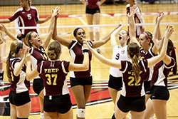 Brebeuf Jesuit Preparatory School players celebrate winning the Class 3A state volleyball championship on Nov. 9 at Ball State University’s Worthen Arena in Muncie. (Submitted photo)