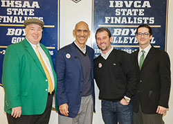 Bill Bissmeyer, left, is pictured with Tony Dungy and sons, Bill Bissmeyer III and Thomas Bissmeyer, at the Dad’s Day breakfast at Cathedral High School on Feb. 11. (Submitted photo)