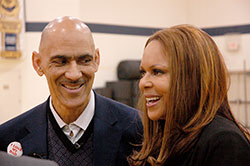 Tony and Lauren Dungy discuss their new book, Uncommon Marriage, at Cathedral High School in Indianapolis on Feb. 11. (Photo by John Shaughnessy)