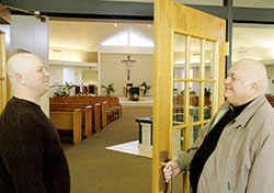 Michael Walterman, left, said Father Gerald Kirkhoff, pastor of Good Shepherd Parish in Indianapolis, played an integral role in making him feel welcome when he returned to the Catholic Church. (Photo by John Shaughnessy)