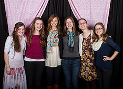 Former fashion model Leah Darrow, third from left, poses with young women who attended her talk on achieving authentic love on April 7 at St. Mary Parish’s Family Life Center in North Vernon. (Submitted photo by Allie Tyler)