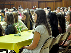 Teen mentors for A Promise to Keep listen as Archbishop Joseph W. Tobin addresses them during a luncheon in their honor on April 10 at the Archbishop Edward T. O’Meara Catholic Center in Indianapolis. (Photo by Natalie Hoefer)