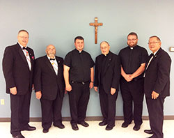 Posing in this photo are Charles E. Whitcraft, Jr., Master, Indiana District, left; Paul Caraway, Past Faithful Navigator; Father Jerry Byrd, new member and pastor of St. Mary, St. Joseph and St. Ann parishes in Jennings County; Father Joseph Sheets, Fourth Degree Assembly Chaplin; Father Douglas Marcotte, new member and associate pastor  of St. Bartholomew Parish in Columbus; and Ron Doxsee, Faithful Navigator.  (Submitted photo)
