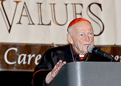 With his mischievous sense of humor and his deep heart for Catholic education, Cardinal Theodore E. McCarrick, archbishop emeritus of Washington, captivated the audience at the archdiocese’s 19th annual Celebrating Catholic School Values event in Indianapolis on Nov. 5. (Photo by Rob Banayote)