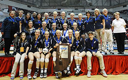 Our Lady of Providence Jr./Sr. High School players and coaches are pictured with the Class 2A state volleyball trophy on Nov. 8 at Ball State University’s Worthen Arena in Muncie. (Submitted photo by Tom Fougerousse)