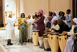 A choir representing both English-speaking and French-speaking members of the African Catholic Community adds vibrancy to the African Catholic Mass celebrated on March 14 at SS. Peter and Paul Cathedral in Indianapolis. (Photo by Victoria Arthur)