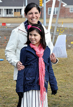 Maria Hernandez and her daughter, Sara Cabrera, smile before addressing the 40 Days for Life midpoint rally crowd on March 14. (Photo by Natalie Hoefer)