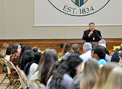 Archbishop Joseph W. Tobin addresses the high school mentors of A Promise to Keep, an archdiocesan chastity program, during a luncheon at the Archbishop Edward T. O’Meara Catholic Center in Indianapolis on April 16. (Photo by Natalie Hoefer)