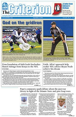 Staff writer Sean Gallagher’s feature on Indianapolis Colts’ football player Daniel Adongo last September won an honorable mention in the best sports journalism, sports feature category in the Catholic Press Association of the United States and Canada’s (CPA) 2014 awards competition.