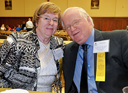 Loretta and Jim Miller, members of St. Therese of the Infant Jesus (Little Flower) Parish in Indianapolis, smile during a reception following the Aug. 23 archdiocesan annual Golden Wedding Jubilee Mass at SS. Peter and Paul Cathedral in Indianapolis. The Millers and 102 other couples celebrating 50 years of marriage this year were honored during the Mass. (Photo by Sean Gallagher)