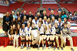 Cathedral High School players and coaches are pictured with the Class 4A state volleyball trophy on Nov. 7 at Ball State University’s Worthen Arena in Muncie. (Submitted photo)