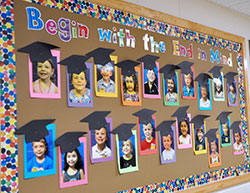 In this Jan. 6 photo, pictures of kindergarten classmates with caps foretelling their graduation from St. Pius X School in Indianapolis in 2024 serve as an example of one of the seven habits the school promotes in it’s “The Leader in Me” process: “Begin with the end in mind.” (Photo by Natalie Hoefer)