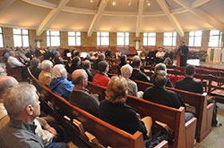 Catholics from across central and southern Indiana attend a Feb. 4 press conference at St. Bartholomew Church in Columbus in which Archbishop Joseph W. Tobin announced decisions regarding the Connected in the Spirit planning process for the Bloomington, Connersville and Seymour deaneries. (Photo by Sean Gallagher)