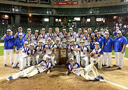 The joy of the baseball team of Roncalli High School in Indianapolis shines through as the Rebels pose for a photo shortly after winning the Class 4A Indiana State High School Athletic Association championship on June 17 at Victory Field in Indianapolis. (Submitted photo)