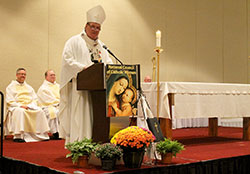 Archbishop Joseph W. Tobin delivers a homily during the opening Mass for the National Council of Catholic Women convention on Sept. 8 in Indianapolis. (Photo by Victoria Arthur) 