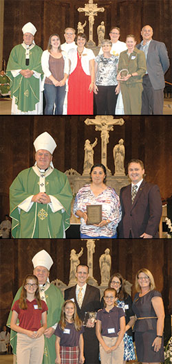 Top: The Excellence in Catechesis Award was presented to the Terre Haute Deanery during a special Mass on Sept. 7 in SS. Peter and Paul Cathedral in Indianapolis. Pictured are Archbishop Joseph W. Tobin; Augusta McMonigal, youth minister for the five parishes in Terre Haute; Father Richard Ginther, former dean of the Terre Haute Deanery; Elizabeth Davis, director of religious education at St. Joseph University Parish in Terre Haute; Barbara Black, parish life coordinator of Sacred Heart of Jesus Parish in Terre Haute; Father Joseph Feltz, vicar for clergy, religious and parish life coordinators, vice-chancellor, priest moderator and sacramental minister at St. Mary-of-the-Woods Parish in St. Mary-of-the-Woods and Sacred Heart of Jesus Parish in Terre Haute; Donna Wenstrup, director of religious education at St. Margaret Mary and St. Patrick parishes in Terre Haute; and Ken Ogorek, director of catechesis for the archdiocese. Middle: Maria “Cuquis” Romero received the 2016 Youth Ministry Servant Leader of the Year Award for her volunteer work as the youth minister of St. Patrick Parish in Indianapolis. Romero received the honor from Archbishop Joseph W. Tobin and Scott Williams, coordinator of youth ministry for the archdiocese, during a special Mass on Sept. 7 in SS. Peter and Paul Cathedral in Indianapolis. Bottom: Doug Bauman, a teacher at St. Barnabas School in Indianapolis, received the 2016 Saint Theodora Guérin Excellence in Education Award during a special Mass on Sept. 7 in SS. Peter and Paul Cathedral in Indianapolis. Pictured in the back row are Archbishop Joseph W. Tobin; Bauman; his wife, Julie; and Gina Fleming, superintendent of Catholic schools for the archdiocese. In the front row are the Bauman’s three children, Annie, left, Betsy and Lily. (Photos by John Shaughnessy)