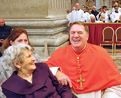Cardinal Joseph W. Tobin spends time with his mother Marie on Nov. 19, the day he was installed into the College of Cardinals, in St. Peter’s Basilica at the Vatican. (Photo by John Shaughnessy) 