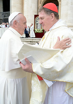 Cardinal Joseph W. Tobin shares an embrace with Pope Francis in St. Peter’s Square at the Vatican on Nov. 20. (Photo courtesy L’Osservatore Romano)