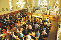 Some 200 worshippers fill St. Anne Church in Jennings County for a Nov. 6 Mass that celebrated the 175th anniversary of the founding of the Seymour Deanery faith community. (Photo by Sean Gallagher) 