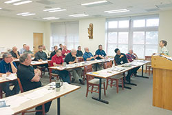Priests listen to a presenter at the Toolbox for Pastoral Leaders workshop at Saint Meinrad Seminary and School of Theology in Saint Meinrad on Sept. 29. The workshop was made possible through the archdiocesan Empowering Pastoral Leaders for Excellence in Parish Leadership and Management project, which is funded through a Lilly Endowment grant. (Submitted photo)