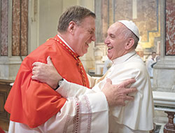Cardinal Joseph W. Tobin embraces Pope Francis after the consistory that made him a cardinal on Nov. 19 in St. Peter’s Basilica at the Vatican. (Photo courtesy L’Osservatore Romano) 