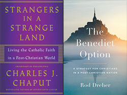 Left, the cover of Strangers in a Strange Land: Living the Catholic Faith in a Post­Christian World. Right, the cover of The Benedict Option: A Strategy for Christians in a Post-Christian Nation