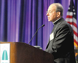 Baltimore Archbishop William E. Lori speaks on June 15 during the U.S. Conference of Catholic Bishops’ annual spring assembly in Indianapolis. (Photo by Sean Gallagher)