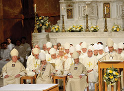 Bishops listen as Archbishop Charles C. Thompson delivers a homily during his installation Mass on July 28 at SS. Peter and Paul Cathedral in Indianapolis. (Photo by Natalie Hoefer)