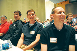 David Slaw, left, Michael Wessel, Jason Frey and Kevin McCullough laugh on Nov. 19, 2016, during a presentation during the 10th annual Indiana Catholic Men’s Conference at the Indiana Convention Center in Indianapolis. Slaw is a member of Our Lady of Grace Parish in Noblesville, Ind., in the Lafayette Diocese. Wessel is a member of St. Anne Parish in Jennings County. Frey is a member of St. Louis Parish in Batesville. McCullough is a member of SS. Philomena and Cecilia Parish in Oak Forest. The 2017 Indiana Catholic Men’s Conference will take place from 8 a.m.-4:30 p.m. on Sept. 30 at the convention center. (File photo by Sean Gallagher)