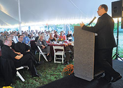 Archbishop Charles C. Thompson speaks on Sept. 21 on the grounds of Bishop Simon Bruté College Seminary in Indianapolis to approximately 170 of its supporters during its “Celebrate Bruté” event. (Photos by Sean Gallagher)