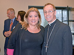 Pam Stenzel poses with Archbishop Charles C. Thompson prior to the Right to Life of Indianapolis’ “Celebrate Life Dinner” in Indianapolis on Oct. 3. Stenzel served as the keynote speaker addressing the topic of chastity. (Photo by Natalie Hoefer)