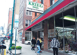 Krieg Brothers Religious Supply store, which opened in 1892, operated out of this building in downtown Indianapolis since the early 1960s. Structural issues in the nearly 125-year-old building forced the store to move to a new location, 536 E. Market St., in Indianapolis, where it will re-open on Feb. 24. (File photo by Sean Gallagher)