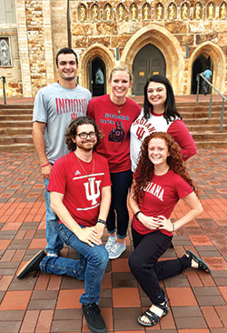 Five missionaries from the Fellowship of Catholic University Students serving at Indiana University in Bloomington pose in the summer of 2017 outside Ave Maria Church on the campus of Ave Maria University in Ave Maria, Fla., where they received training for their ministry. They are, from left, front, Gabe McHaffie and Briana Koon, and, in back, Branson Schroeder, Teresa Henderson and Kelsey McCann. (Submitted photo)
