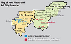 Map of New Albany and Tell City deaneries.