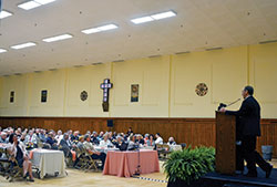 Archbishop Charles C. Thompson addresses Miter Society and Legacy Society members at the “Circle of Giving” event at the Archbishop Edward T. O’Meara Catholic Center in Indianapolis on May 9. (Photo by Natalie Hoefer)