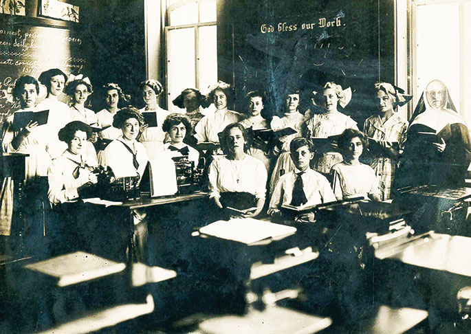 Following the closure of the only school of business in Madison in 1908, a local merchant expressed a desire to open a Catholic business school. In 1910, a one-room business school was opened in a classroom of the grade school building of the former St. Mary Parish in Madison. The school was initially staffed by a single Ursuline sister, with an enrollment of approximately 30 students. The students learned typing, shorthand, rapid calculation and other business skills, as well as received religious instruction. As vocational courses were eventually integrated into public high school curriculum, St. Mary Commercial School closed in 1944. 
