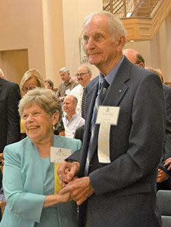 Ron and Sandra Hartlieb of St. Lawrence Parish in Indianapolis dance to a jazz band in the Archbishop Edward T. O’Meara Catholic Center in Indianapolis on Aug. 5 at a reception following the archdiocesan Golden Wedding Jubilee Mass. (Photo by Natalie Hoefer)