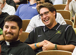 Seminarians laugh on Sept. 11 during a presentation by Bishop Richard F. Stika of Knoxville, Tenn., and Father David Boettner, vicar general of the Knoxville Diocese, at Saint Meinrad Seminary and School of Theology in St. Meinrad. (Photo courtesy of Saint Meinrad Archabbey)