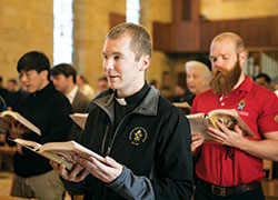 Transitional Deacon Vincent Gilmore, a member of St. Monica Parish in Indianapolis, sings on April 20 during a Mass in the St. Thomas Aquinas Chapel at Saint Meinrad Seminary and School of Theology in St. Meinrad. (Photo courtesy of Saint Meinrad Archabbey)